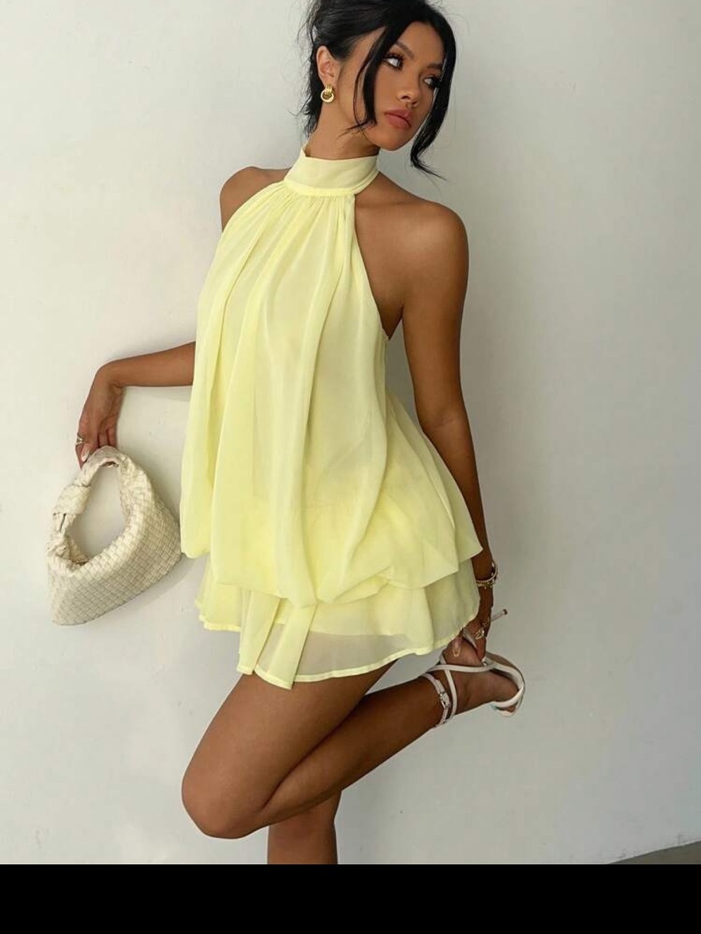 Halter Neck Layered Chiffon Mini Dress - Pale Yellow